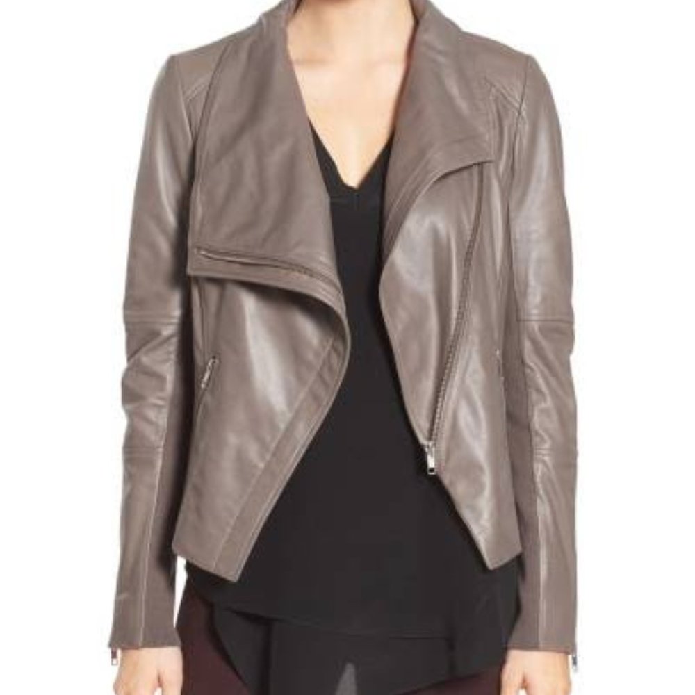 Trouve Drape Front "Moto Style" Leather Jacket. Size Small. Grey Nickel